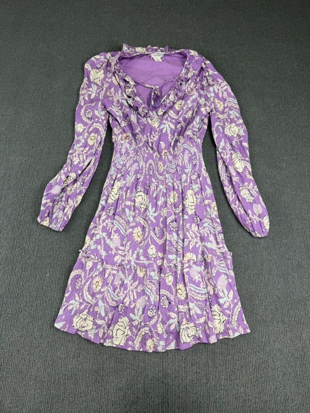 Haute Hippie Purple Floral Ruffle Neck Long Sleeve Boho Mini Dress XS